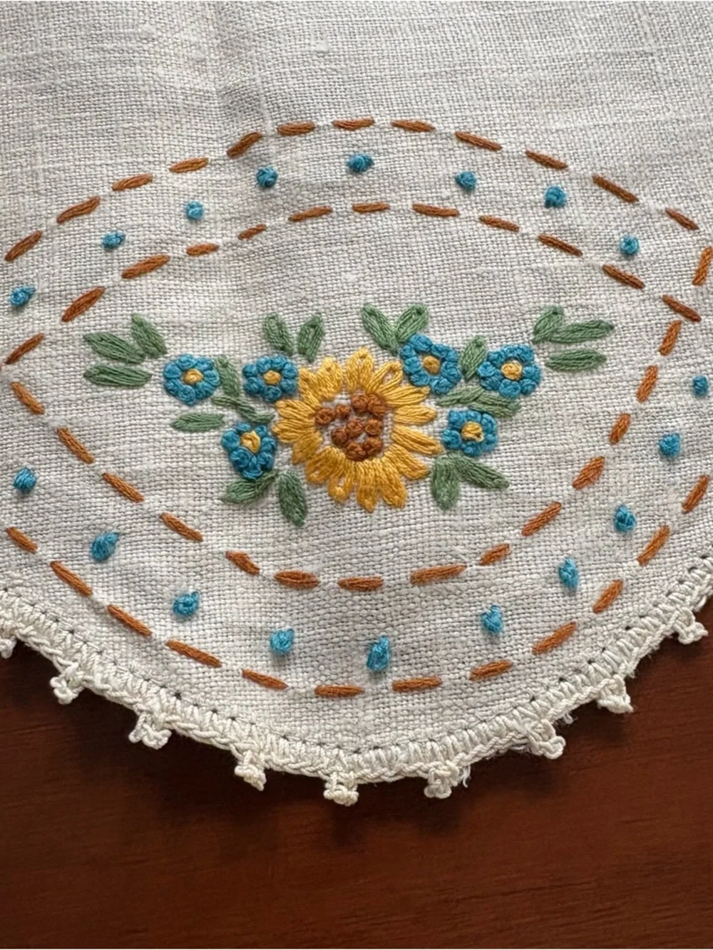 Vintage table runner hand embroidered crochet edge stunning floral cottage 46”